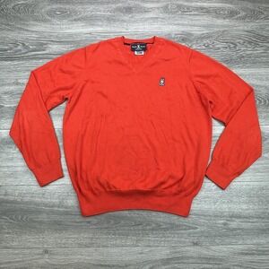 Psycho Bunny Sweater Mens Small Red Orange Pima Cotton V Neck Knit Pullover Logo